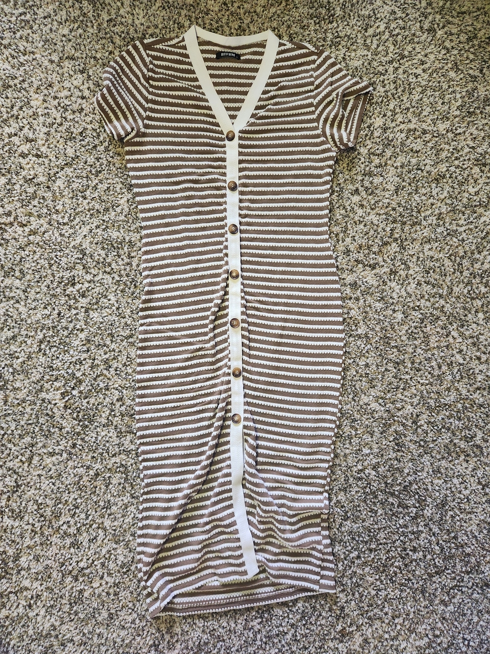 Striped V-Neck Button-Front Midi Dress in Brown & White